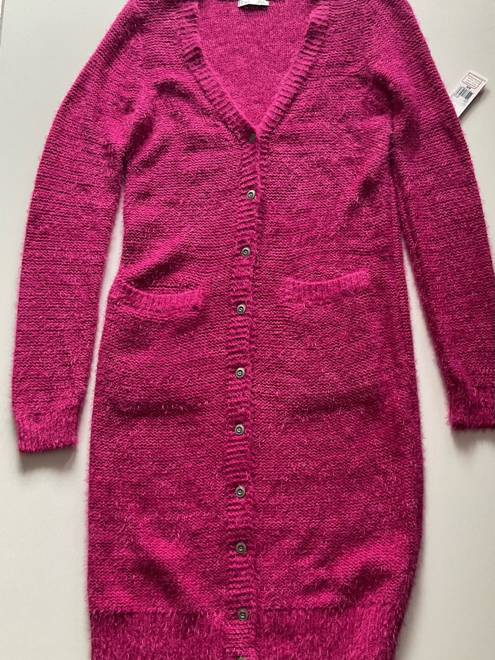 Dex Fuchsia Berry Bright Pink Long Plush Button-Front Cardigan NWT